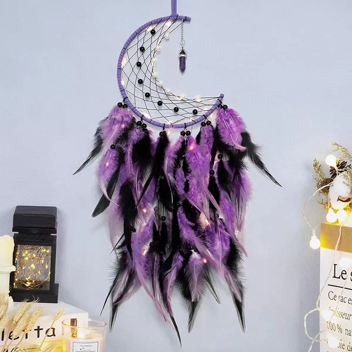 Atrapasueños de plumas de luna de obsidiana y amatista de Olivenorma