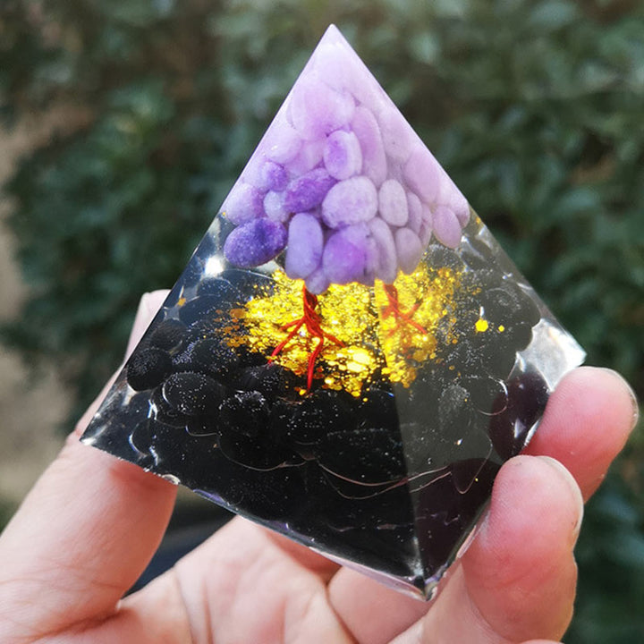 Pirámide de orgón del árbol de la vida de obsidiana y jade morado de Olivenorma 