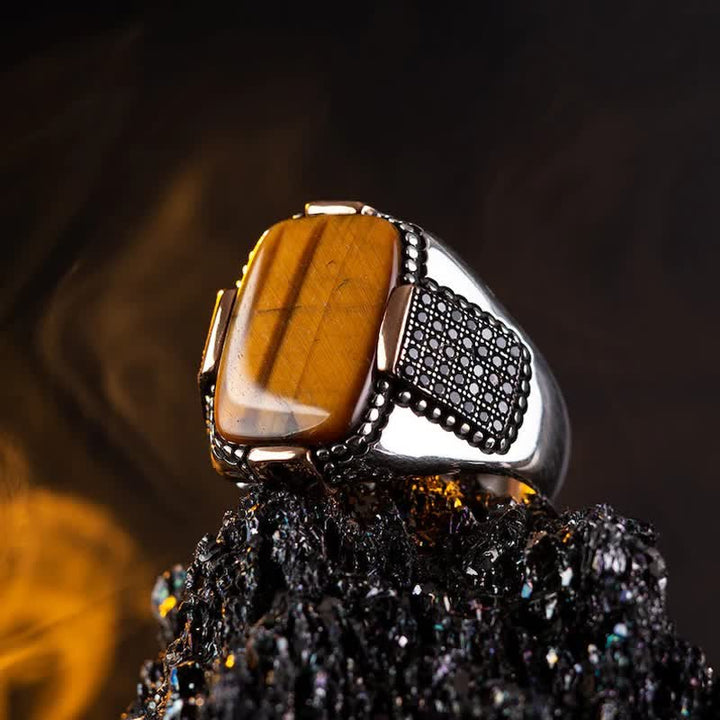 Anillo de ala ancha para hombre con ojo de tigre cuadrado de Olivenorma