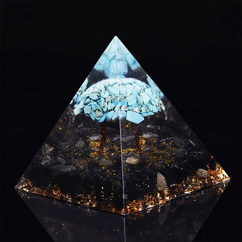 Pirámide de orgón de la suerte de obsidiana con turquesa de Olivenorma 