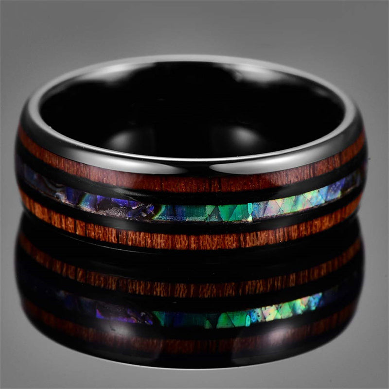 Anillo de carburo de tungsteno con concha de abulón y madera de koa de Olivenorma 