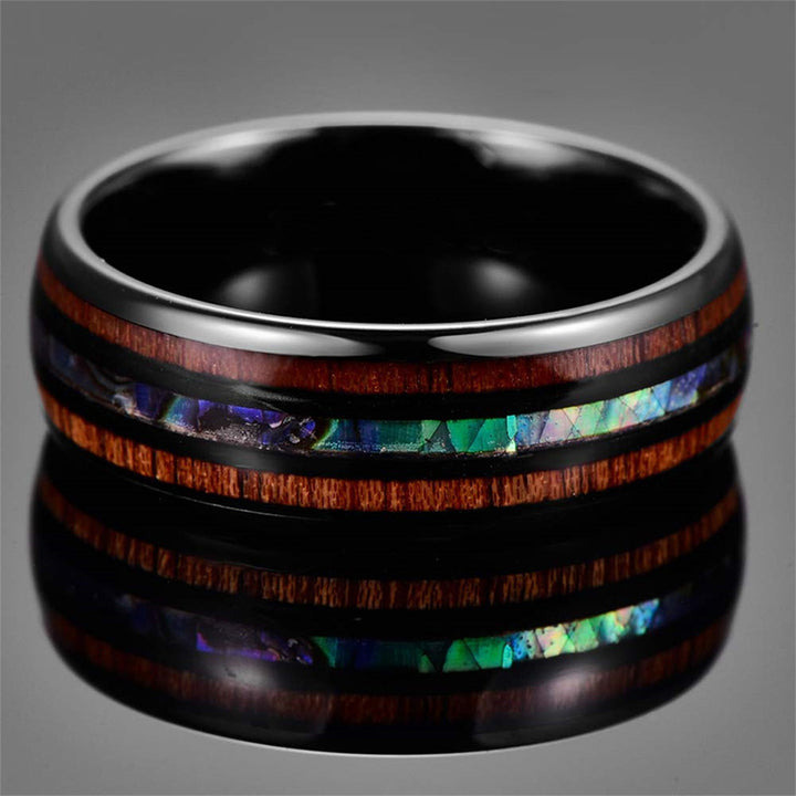 Anillo de carburo de tungsteno con concha de abulón y madera de koa de Olivenorma 