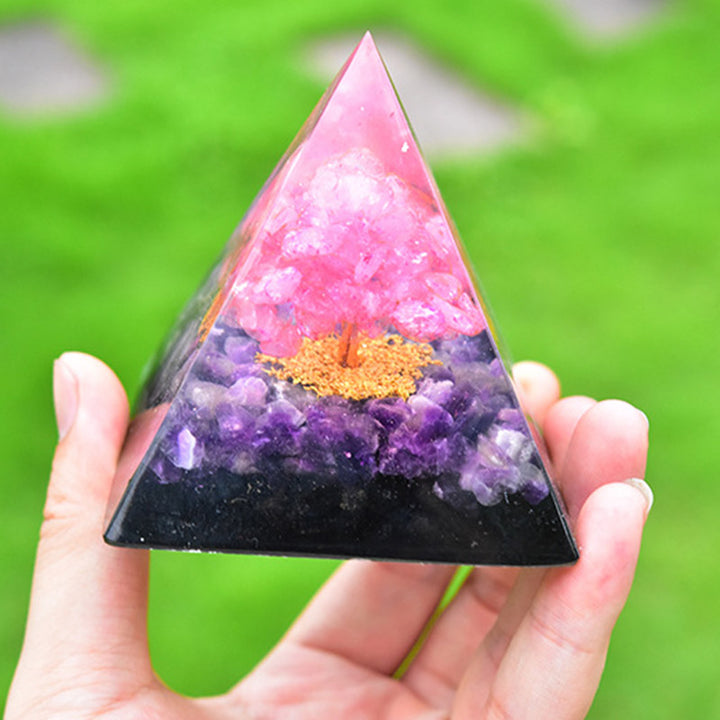 Pirámide de orgón de cristal rosa y amatista con árbol de la vida de Olivenorma