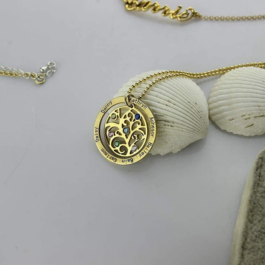 Collar con grabado de nombre y piedra natal del árbol de la vida de Olivenorma