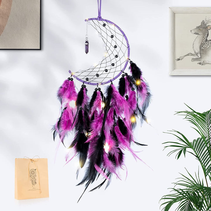 Atrapasueños de plumas de luna de obsidiana y amatista de Olivenorma