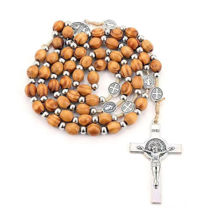 Collar rosario de madera lisa con cruz de punto de Olivenorma