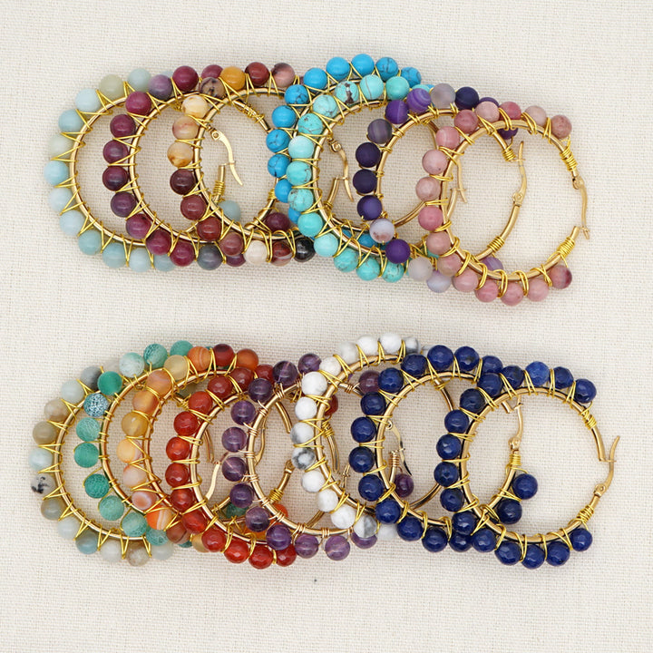 Pendientes de aro grandes con cuentas de cristal natural estilo bohemio de Olivenorma