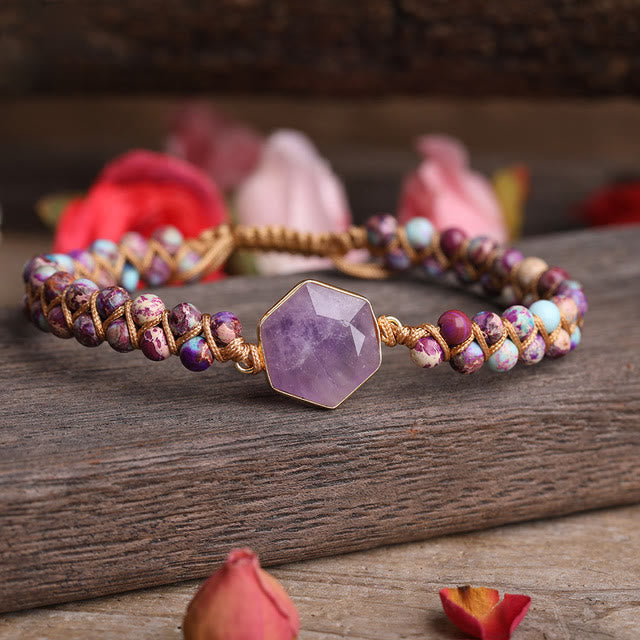 Pulsera trenzada de cuentas hexagonales de cristal crudo de Olivenorma