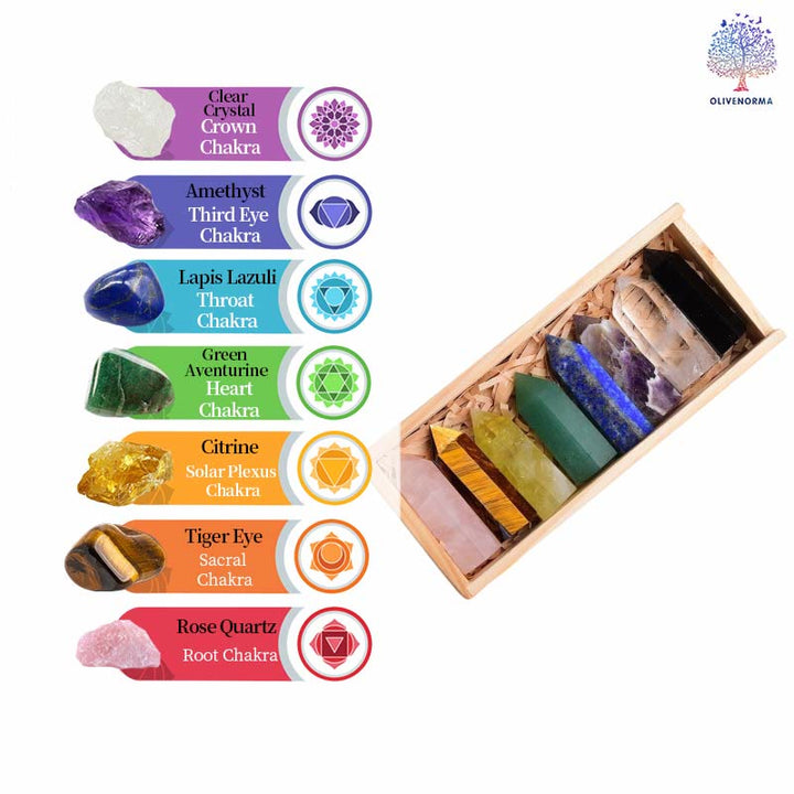 Juego de ocho varitas de cristal para chakras con forma de aguja natural de Olivenorma