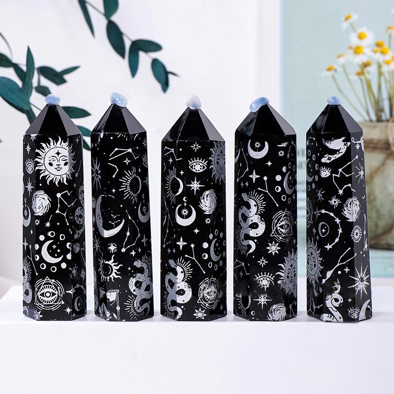 Varitas de cristal hexagonales de torre de cristal de obsidiana de Olivenorma 