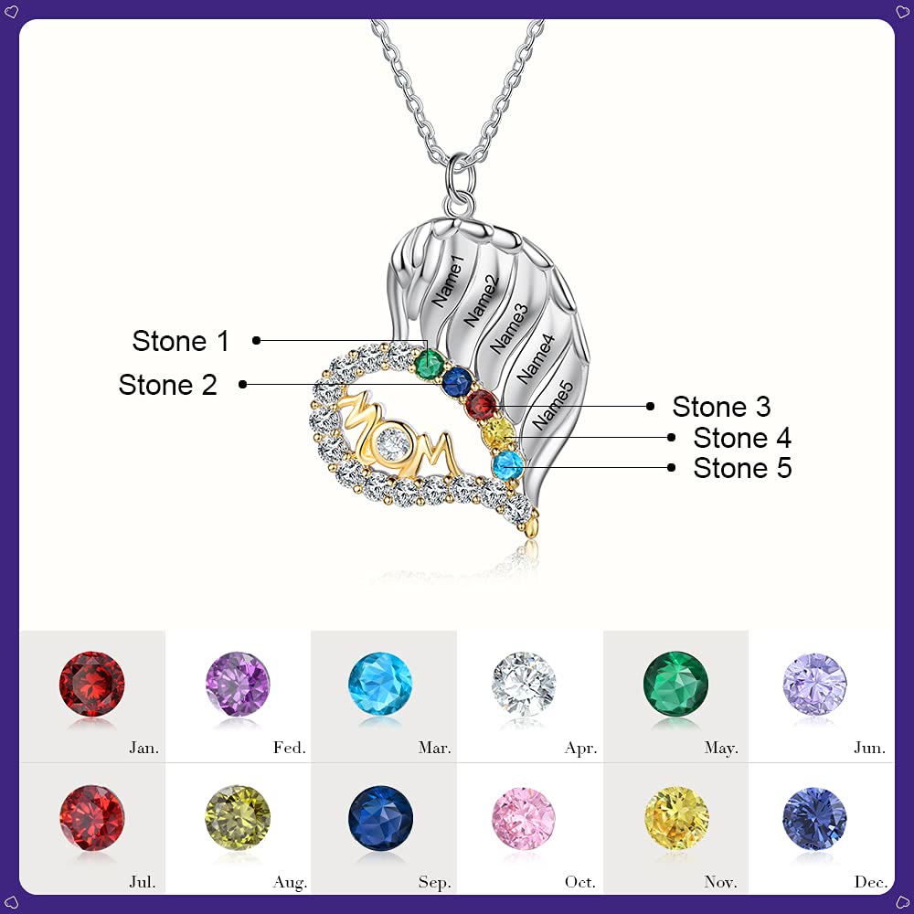 Collar con forma de corazón de medio diamante y piedras de nacimiento para madres de Olivenorma