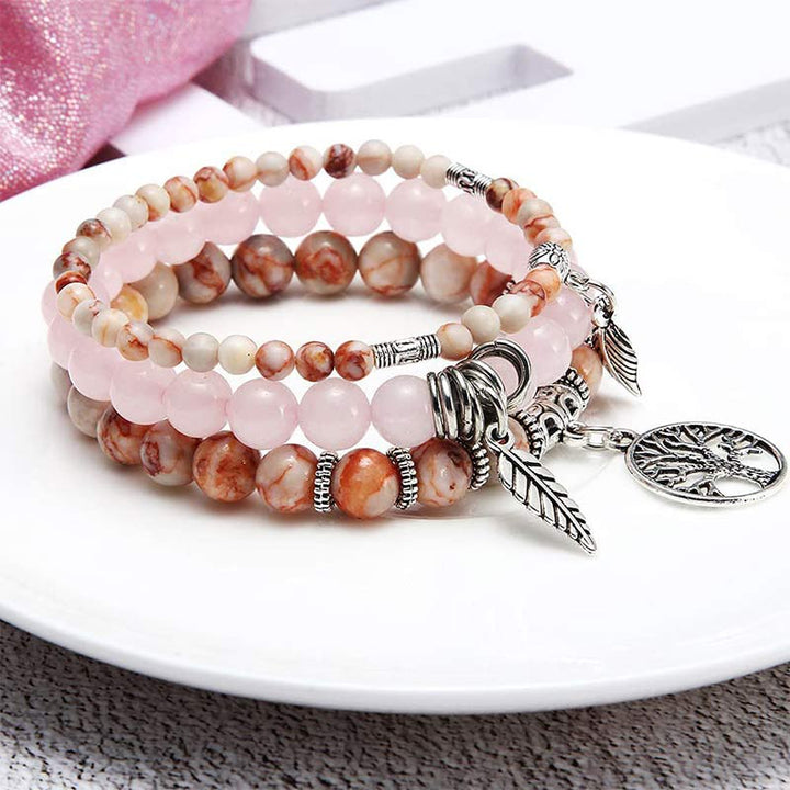 Pulsera de cuarzo rosa con el árbol de la vida de Olivenorma
