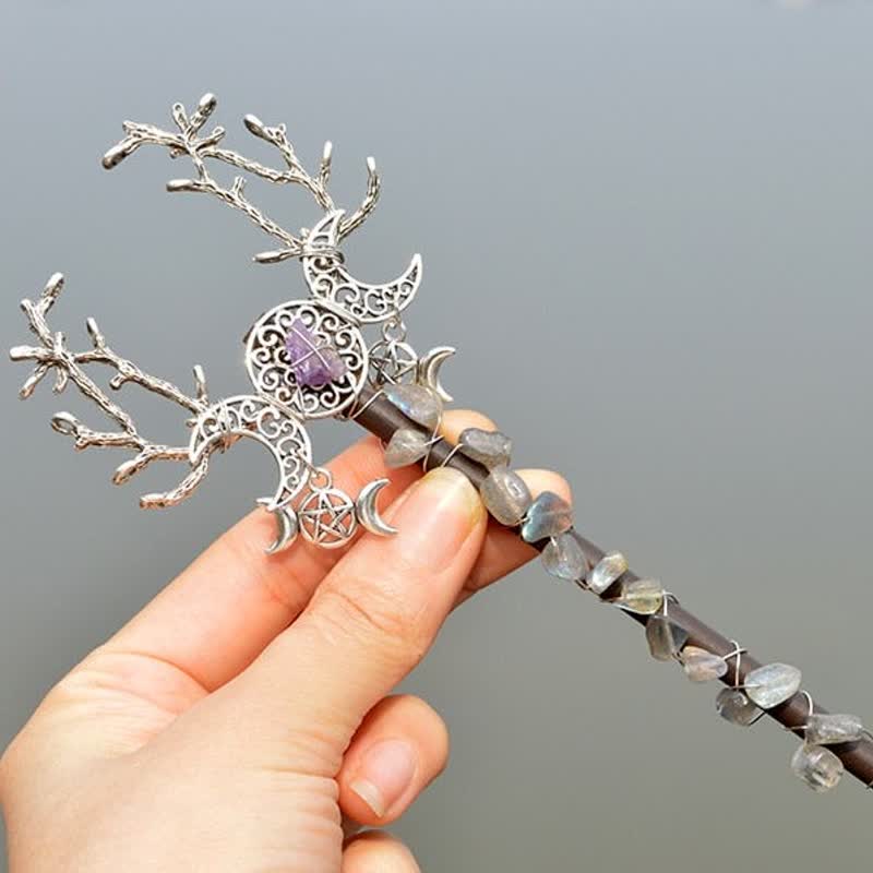 Varitas de cristal con plumas y luna de hadas naturales de Olivenorma