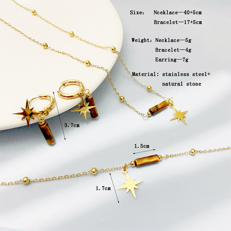 Pendientes, collar y pulsera con colgante de estrella de ojo de tigre natural de Olivenorma