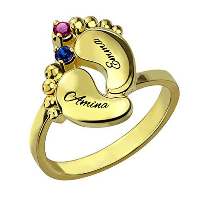 Anillo con piedras de nacimiento grabadas con pies de bebé de Olivenorma Creative