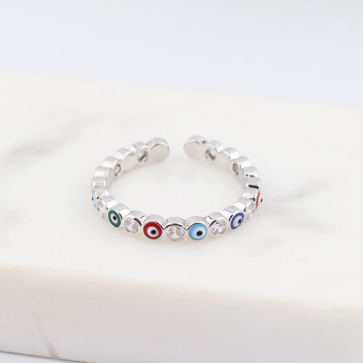 Anillo ajustable con circonita blanca y ojo malvado de colores de Olivenorma 