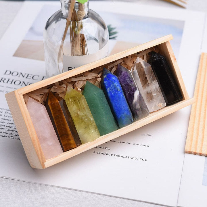 Juego de ocho varitas de cristal para chakras con forma de aguja natural de Olivenorma