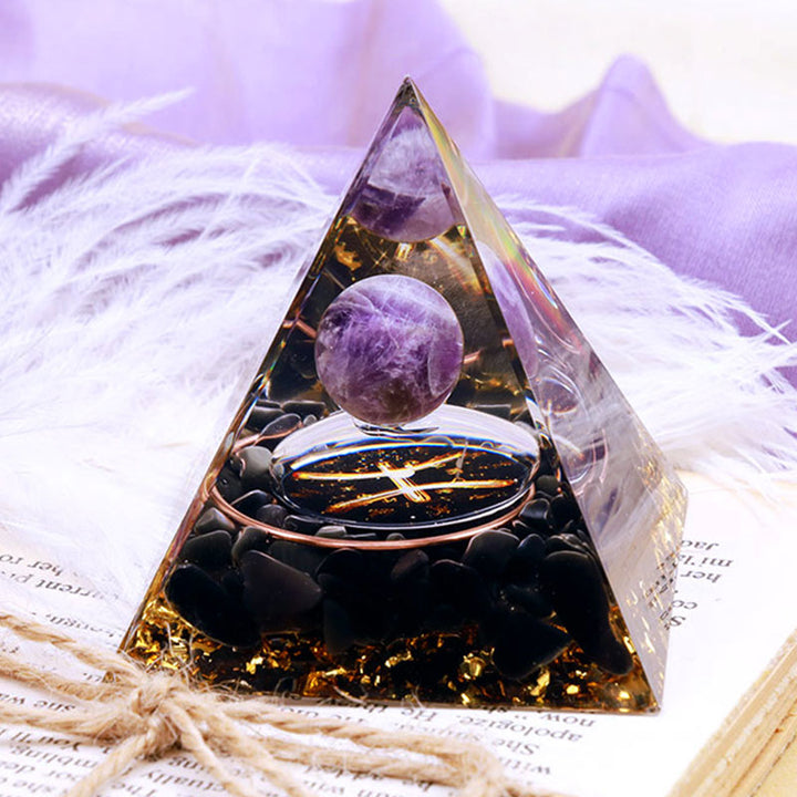 Pirámide de orgón del zodiaco Piscis con esfera de amatista y obsidiana de Olivenorma 