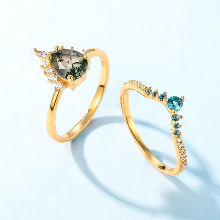 Anillo de plata 925 con ágata musgosa de Olivenorma y turmalina de Paraíba, 2 piezas