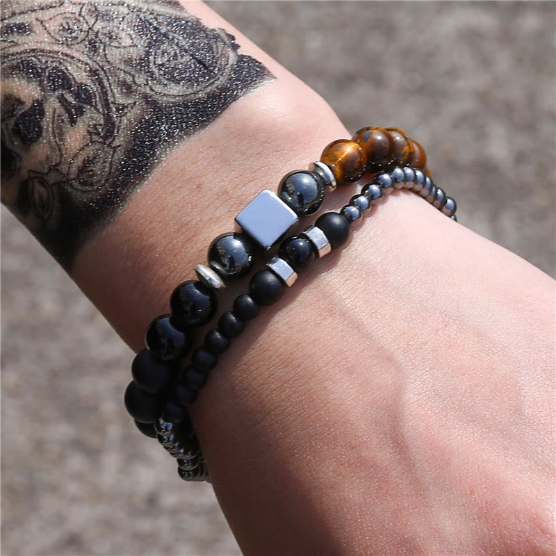 Juego de pulseras elásticas con forma de cubo negro y ojo de tigre esmerilado de Olivenorma