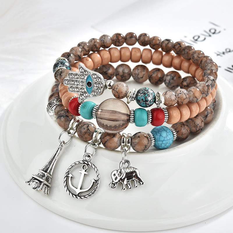 Juego de pulseras de hamsa con ojo malvado y torre de elefante de Olivenorma