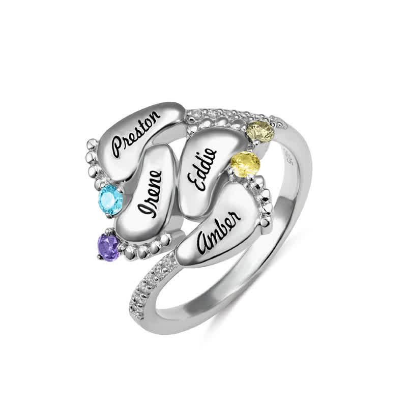 Anillo con piedras de nacimiento grabadas con pies de bebé de Olivenorma Creative