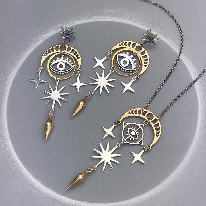 Pendientes de bruja con luna, estrella y ojo malvado de Olivenorma