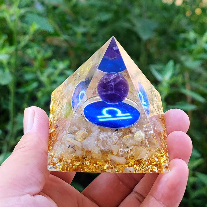 Pirámide orgónica del zodíaco de Libra con amatista Olivenorma y cuarzo transparente