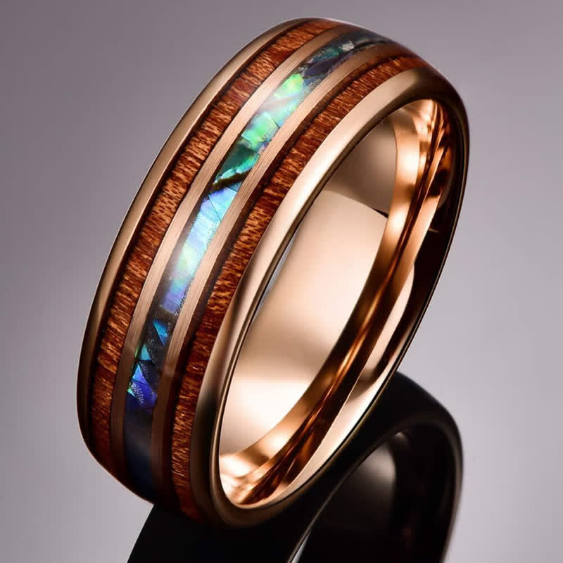 Anillo de carburo de tungsteno con concha de abulón y madera de koa de Olivenorma 