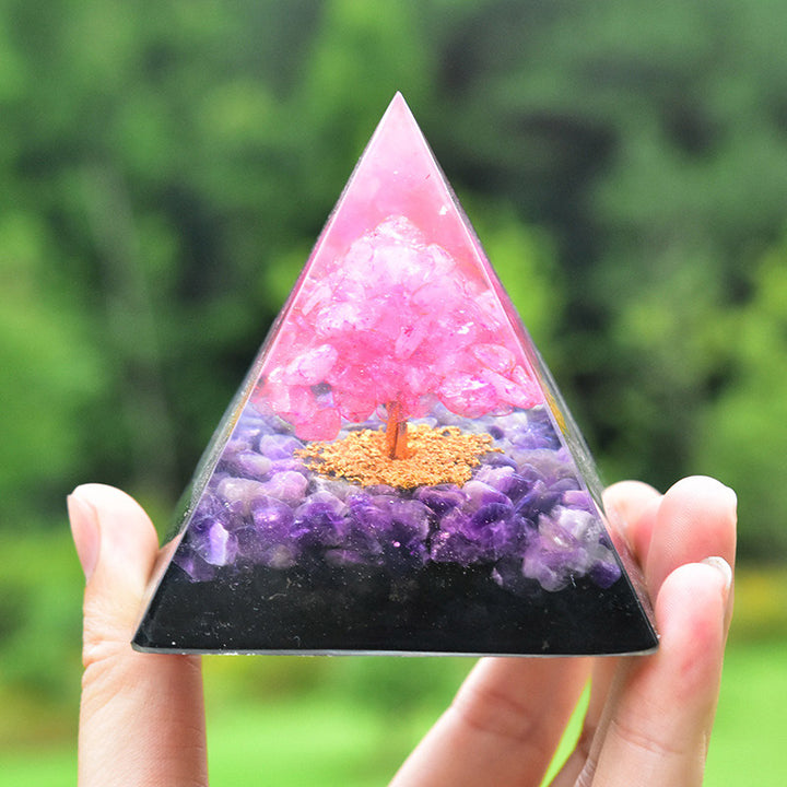 Pirámide de orgón de cristal rosa y amatista con árbol de la vida de Olivenorma