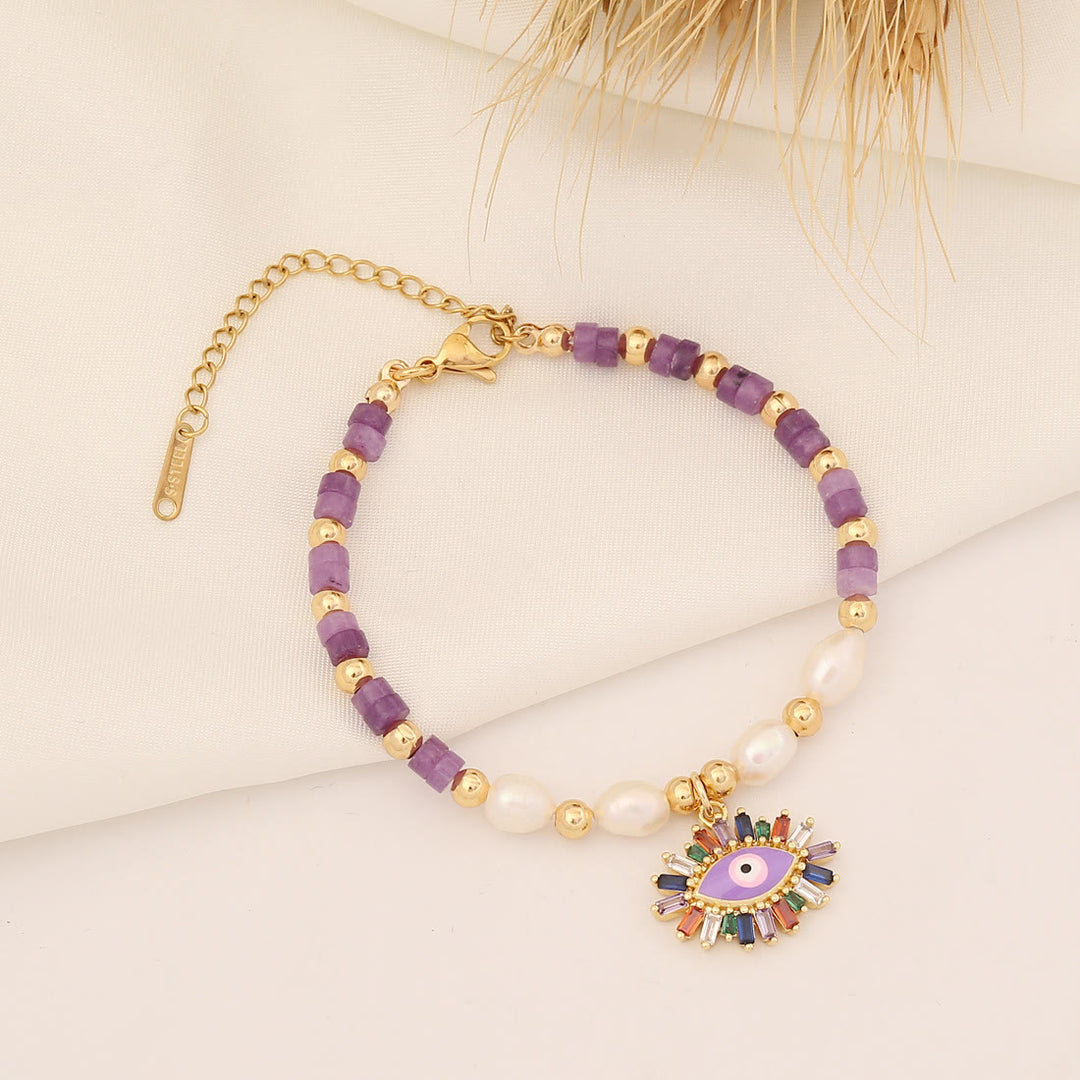 Pulsera de cobre con perlas de agua dulce y piedra natural de Olivenorma 