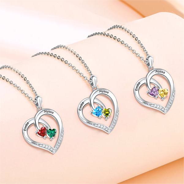 Collar con nombre grabado y dos piedras de nacimiento con promesa de corazón personalizado de Olivenorma