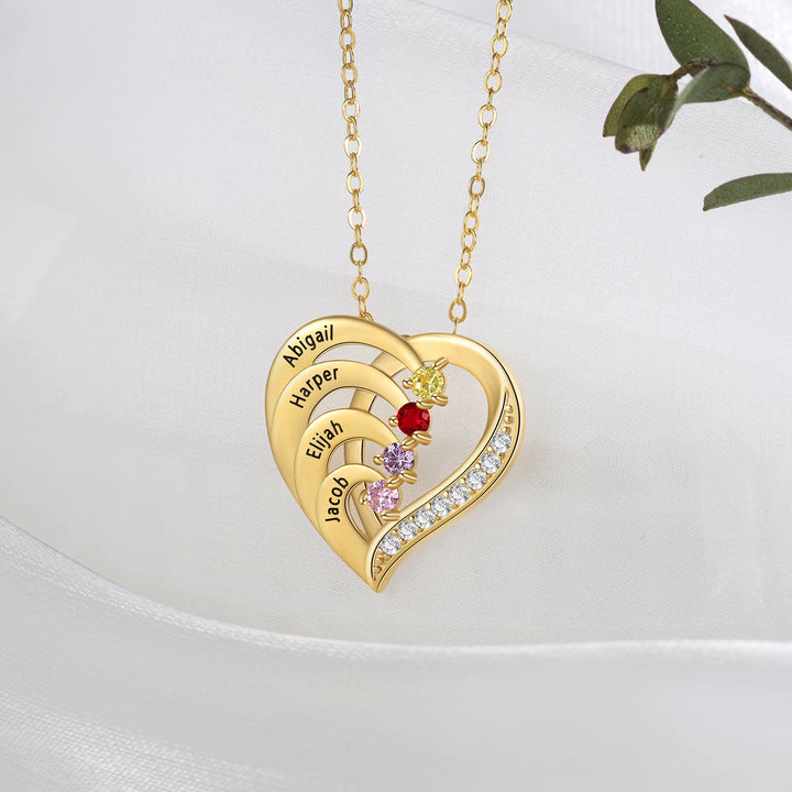 Collar con corazón grabado y piedras de nacimiento personalizadas de Olivenorma