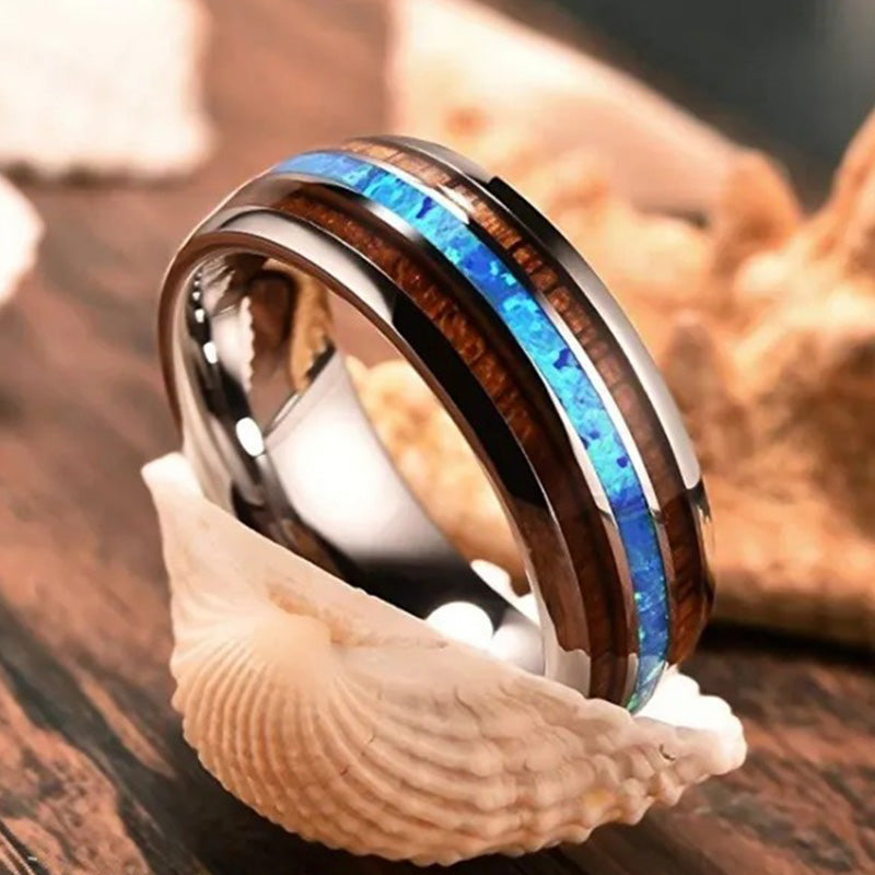 Anillo de carburo de tungsteno con concha de abulón y madera de koa de Olivenorma 