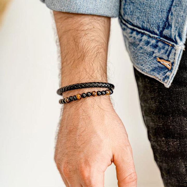 Pulsera tejida de cuero con ojo de tigre para hombre 