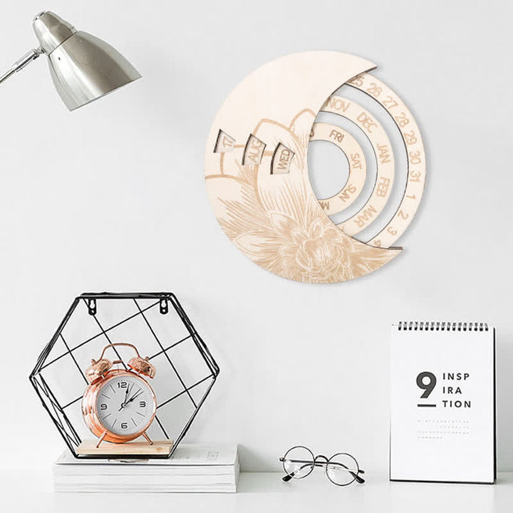 Calendario perpetuo de luna creciente de madera con forma de círculo de Olivenorma