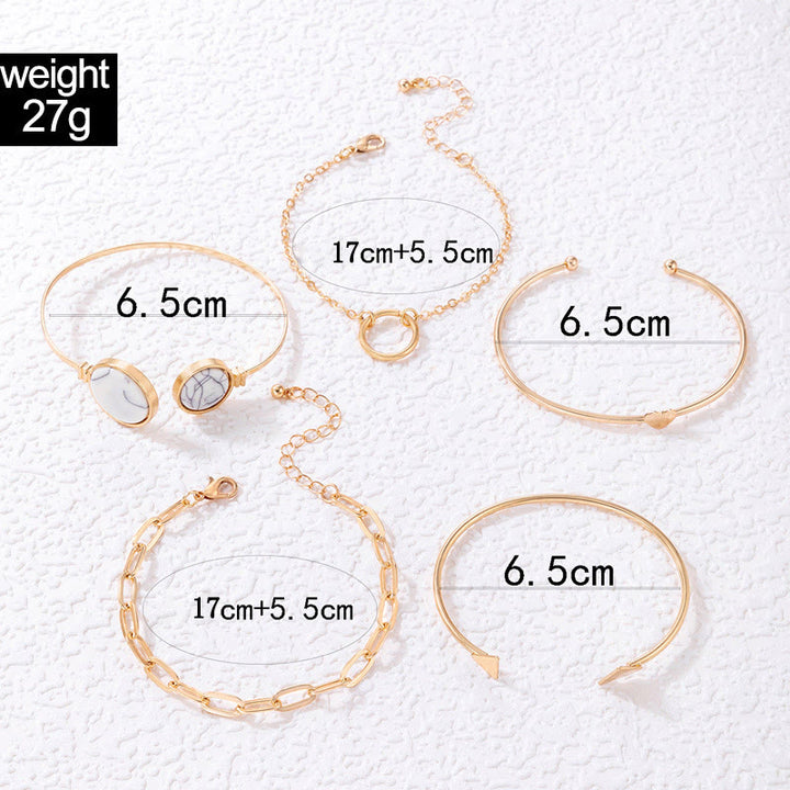 Conjunto de cinco pulseras abiertas de aleación de piedra natural Olivenorma