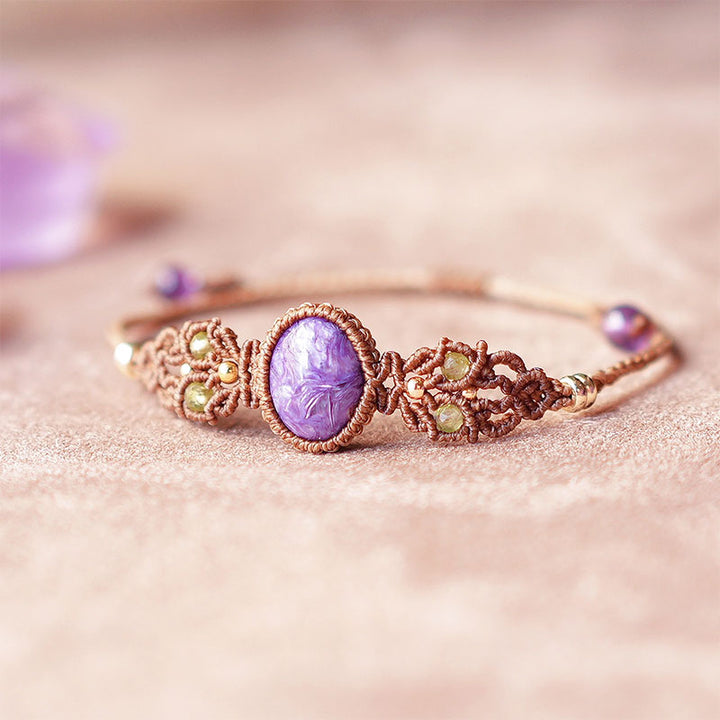 Pulsera tejida a mano de aguamarina lepidolita y charoita natural de Olivenorma
