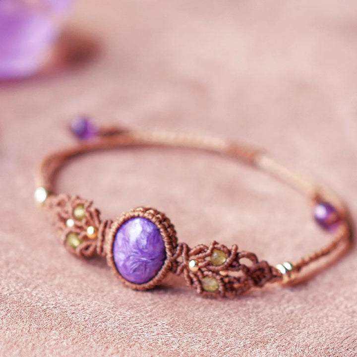 Pulsera tejida a mano de aguamarina lepidolita y charoita natural de Olivenorma