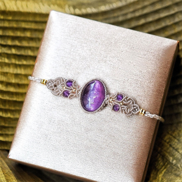 Pulsera tejida a mano de aguamarina lepidolita y charoita natural de Olivenorma