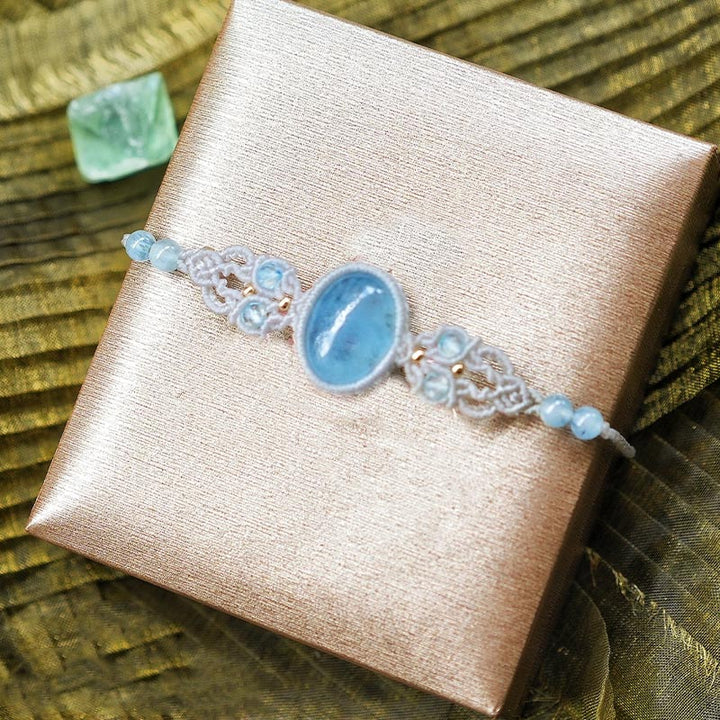 Pulsera tejida a mano de aguamarina lepidolita y charoita natural de Olivenorma