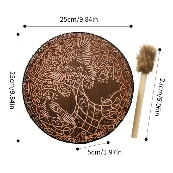 Olivenorma Chamán Vikingo Árbol de la vida 2 pájaros Impresión Tambor