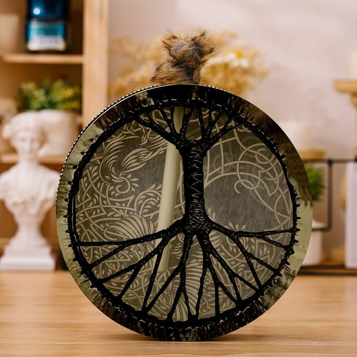 Olivenorma Chamán Vikingo Árbol de la vida 2 pájaros Impresión Tambor