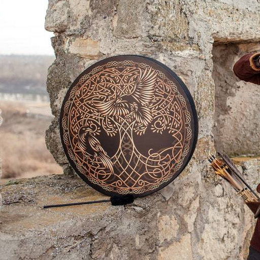Olivenorma Chamán Vikingo Árbol de la vida 2 pájaros Impresión Tambor