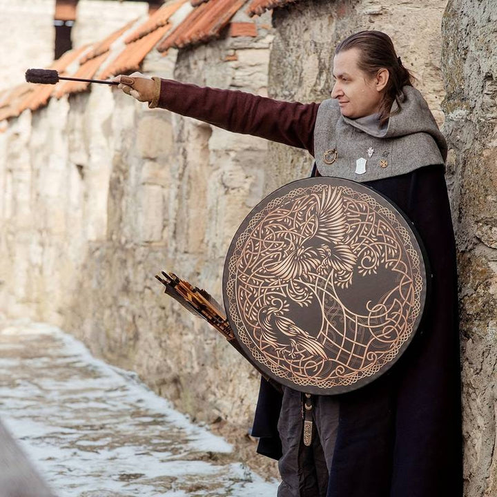 Olivenorma Chamán Vikingo Árbol de la vida 2 pájaros Impresión Tambor