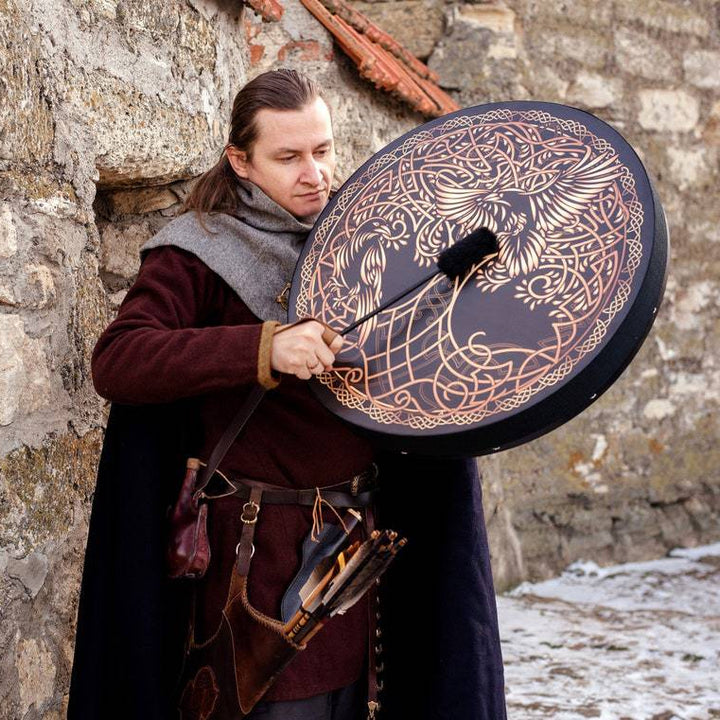 Olivenorma Chamán Vikingo Árbol de la vida 2 pájaros Impresión Tambor