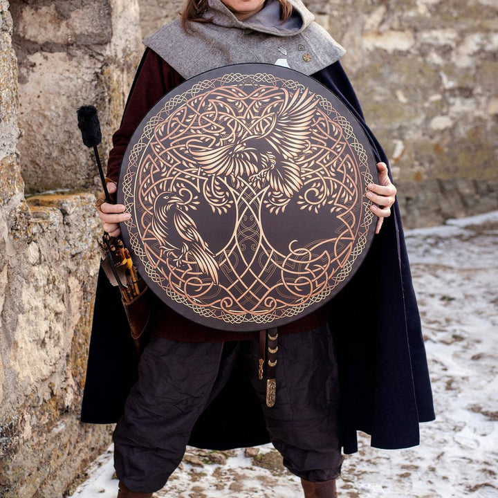 Olivenorma Chamán Vikingo Árbol de la vida 2 pájaros Impresión Tambor
