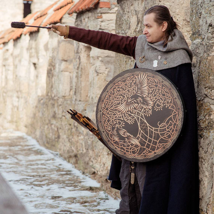 Olivenorma Chamán Vikingo Árbol de la vida 2 pájaros Impresión Tambor