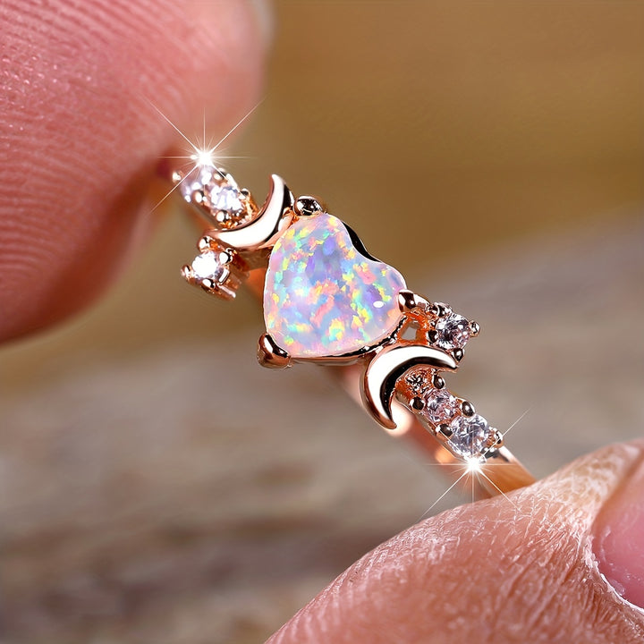 Anillo de fases lunares con corazón de ópalo "Light Of Our Love" de Olivenorma 