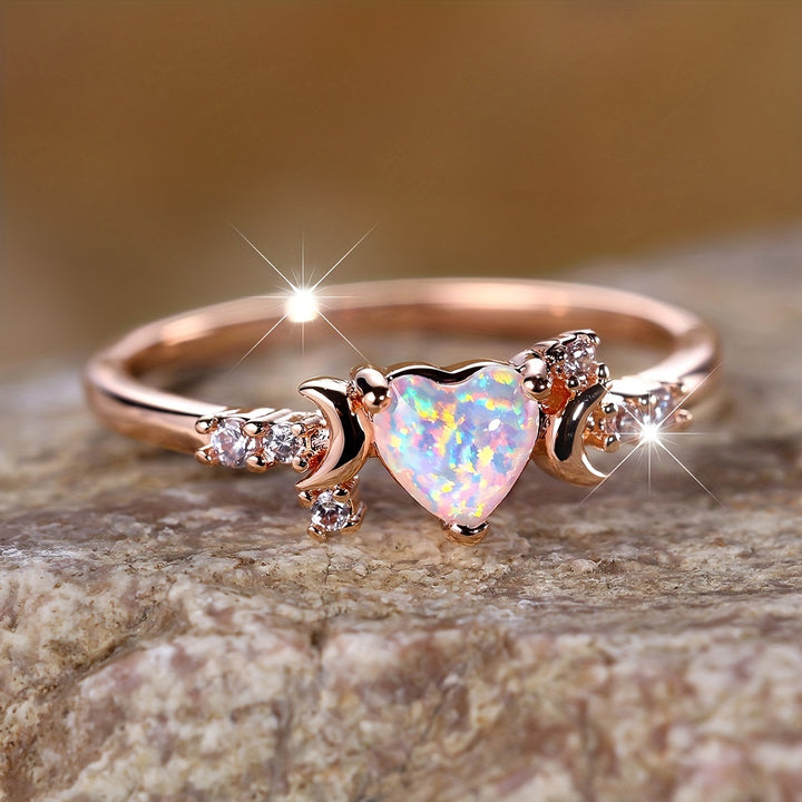 Anillo de fases lunares con corazón de ópalo "Light Of Our Love" de Olivenorma 